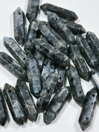 Natural Larvikite Labradorite Gemstone Bead Faceted 32x7mm Double Point Shape Beautiful Natural Black Gray Larvikite Bead Focal Pendant