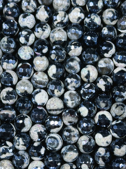 Mystic Natural Tibetan Agate Gemstone Bead Faceted 8mm 10mm Round Beads, Beautiful Mystic White Black Agate Stone Beads, Full Strand 15.5"