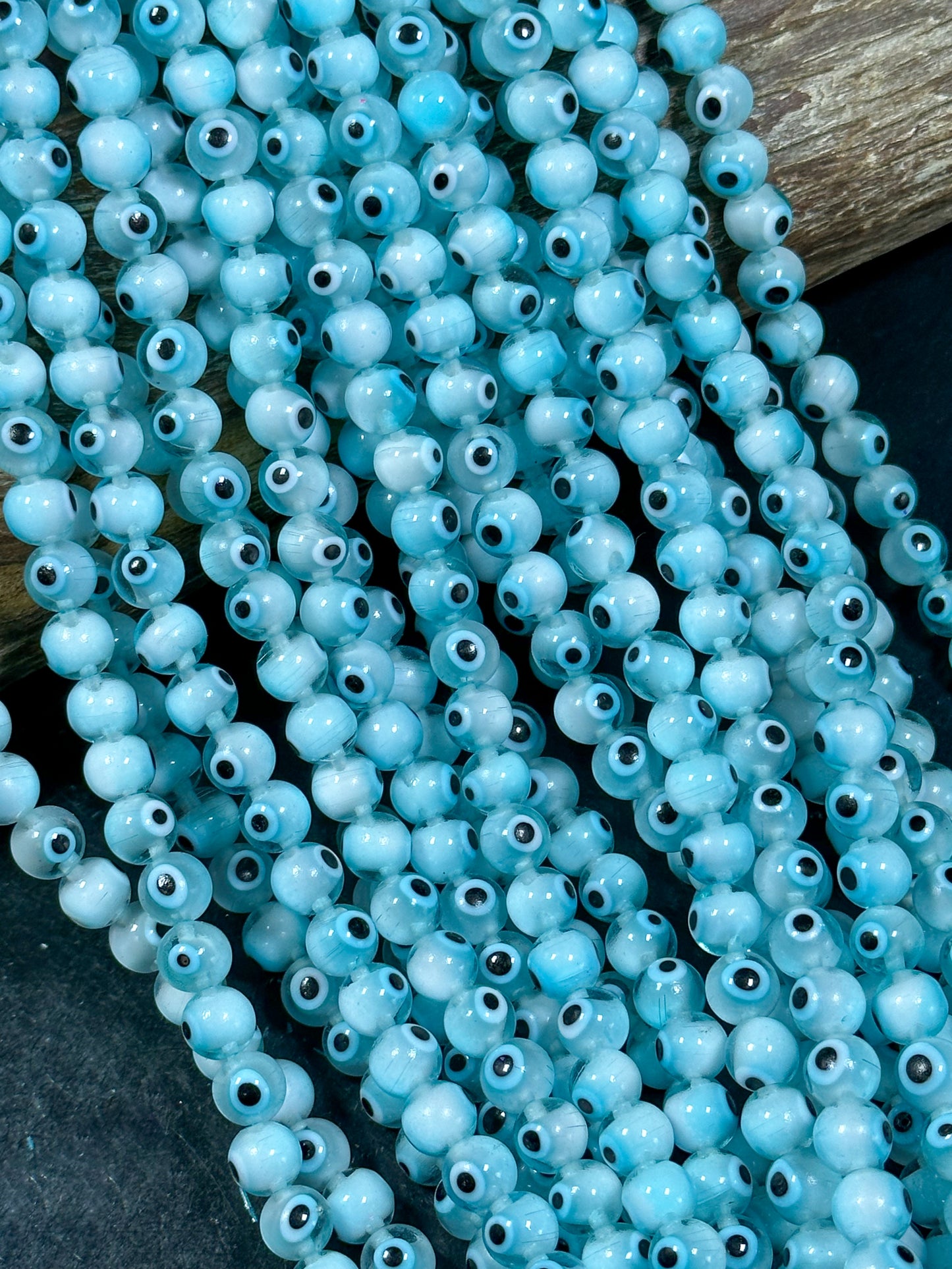 Beautiful Aqua Blue Evil Eye Glass Beads 8mm Round Beads, Beautiful Aqua Blue Clear Evil Eye Amulet Glass Beads, Full Strand Glass Beads