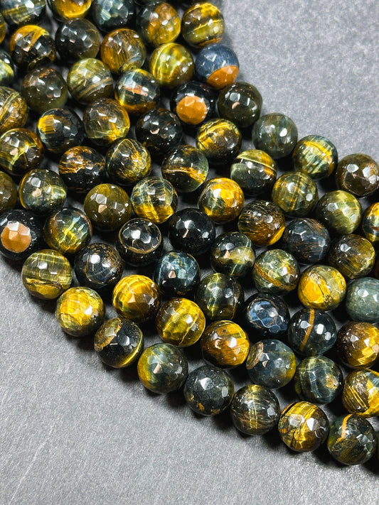 Natural Tiger Eye Gemstone Bead Faceted 6mm 8mm 10mm Round Beads, Beautiful Natural Brown Navy Blue Color Tiger Eye Stone Beads 15.5" Strand