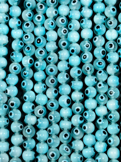 Beautiful Aqua Blue Evil Eye Glass Beads 8mm Round Beads, Beautiful Aqua Blue Clear Evil Eye Amulet Glass Beads, Full Strand Glass Beads