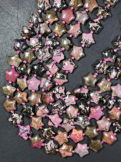 Natural Rhodonite Gemstone Bead 15mm Star Shape Bead, Beautiful Natural Pink Black Color Rhodonite Bead, Excellent Quality Full Strand 15.5"