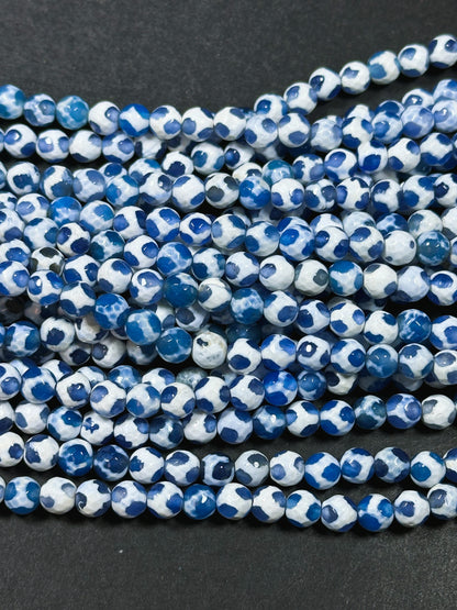 Natural Tibetan Agate Gemstone Bead Faceted 6mm Round Beads, Beautiful Hand Painted White Blue Soccer Ball Design Agate Bead Full 15" Strand