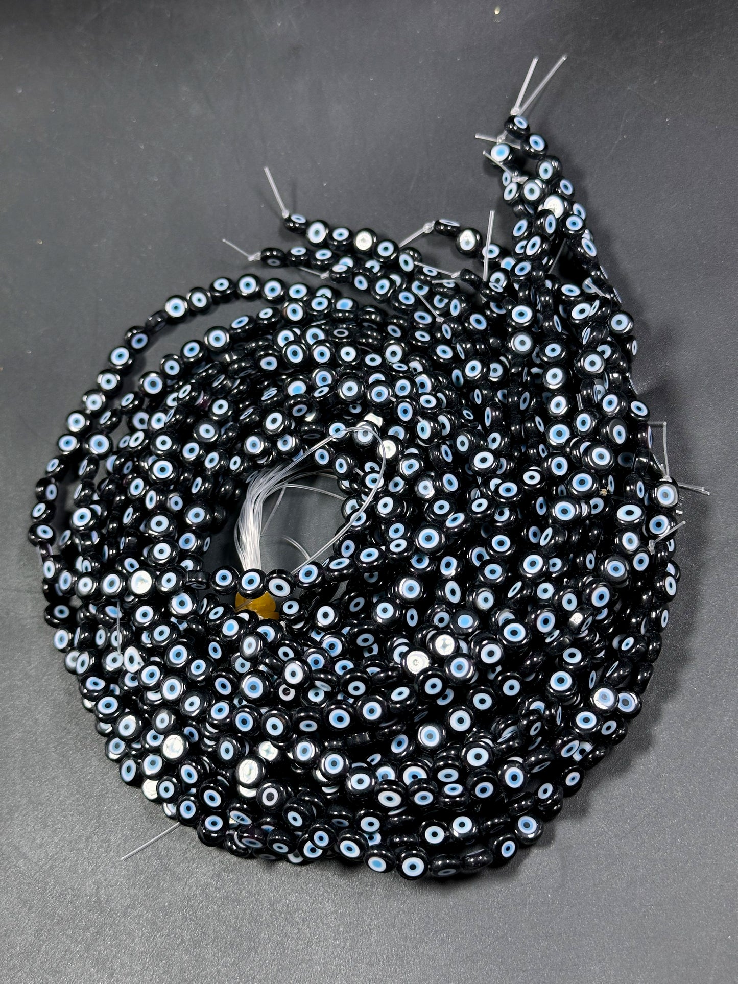 Beautiful Evil Eye Glass Bead 6mm Flat Coin Shape, Beautiful Black Color with BLUE Eyes Evil Eye Glass Beads, Religious Amulet Prayer Beads