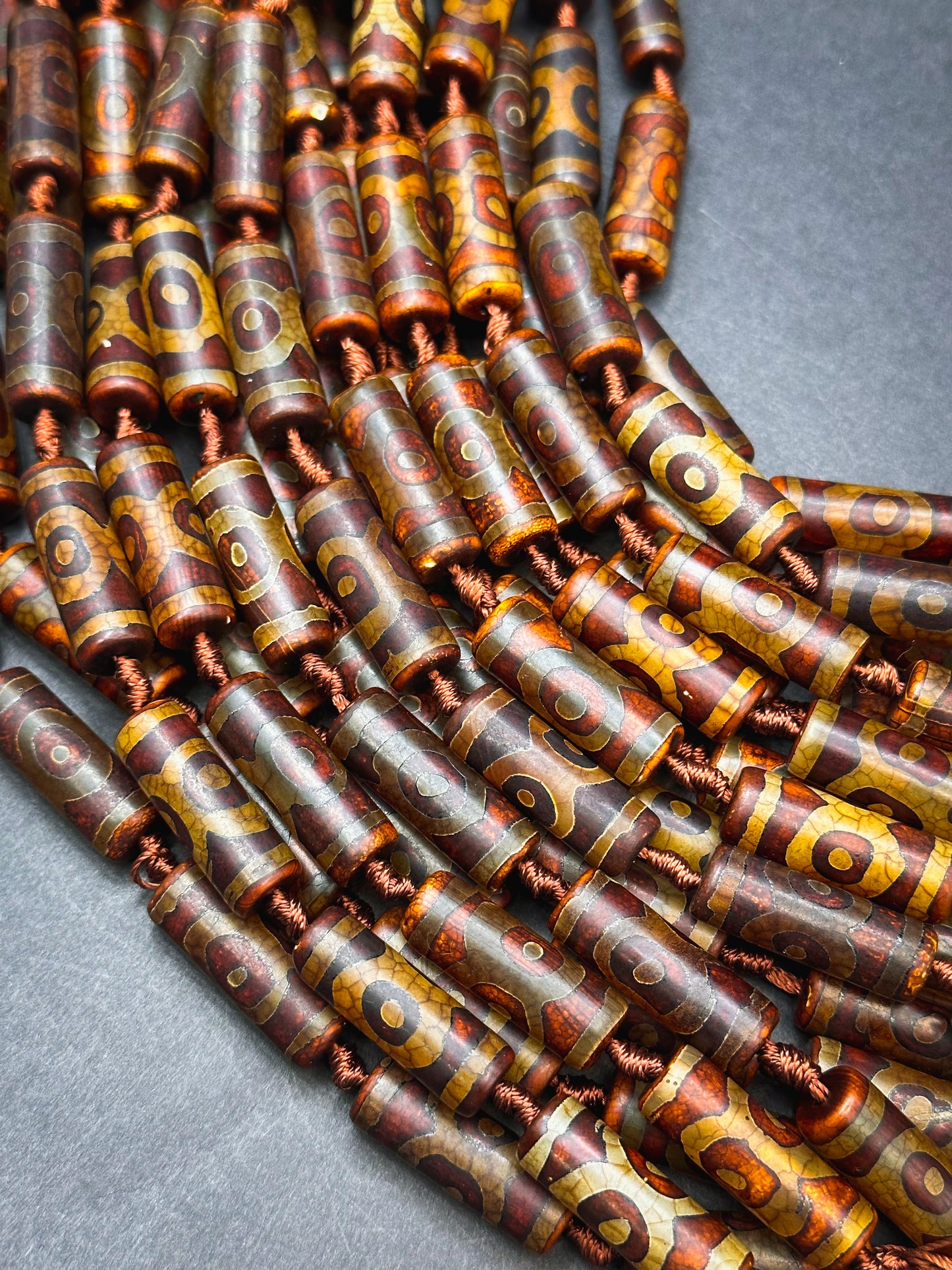 NATURAL Hand Painted Tibetan Agate Gemstone Bead 30x10mm Tube Shape Bead, Beautiful Brown Color Hand Painted Tibetan Beads Full Strand 15.5"