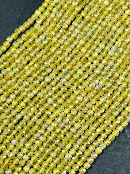 Mystic Natural Yellow Apatite Gemstone Bead Faceted 4mm Cube Shape Bead, Beautiful Yellow Color Loose Mystic Apatite Beads Full Strand 15.5"