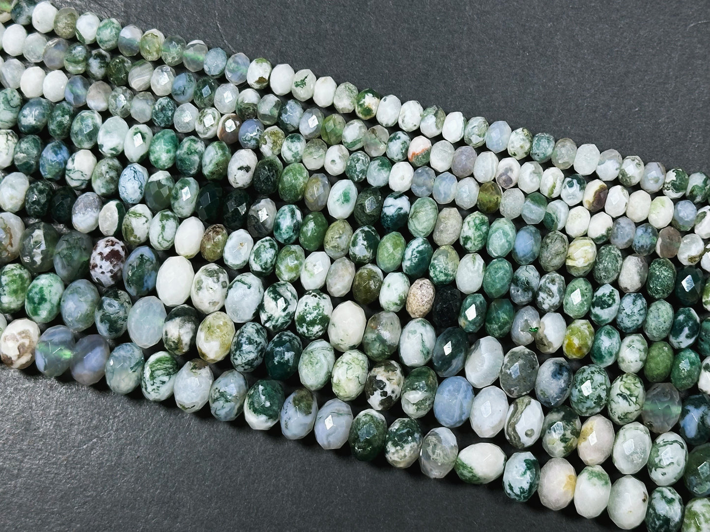 Natural Green Moss Agate Gemstone Bead Faceted Rondelle Shape Beads, Gorgeous Natural White Green Color Moss Agate Beads Full Strand 15.5"