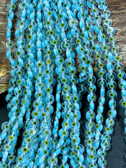 Beautiful Evil Eye Glass Beads 8mm Flat Coin Shape, Beautiful Aqua Blue Color with Yellow Eyes Evil Eye Beads, Religious Amulet Prayer Beads