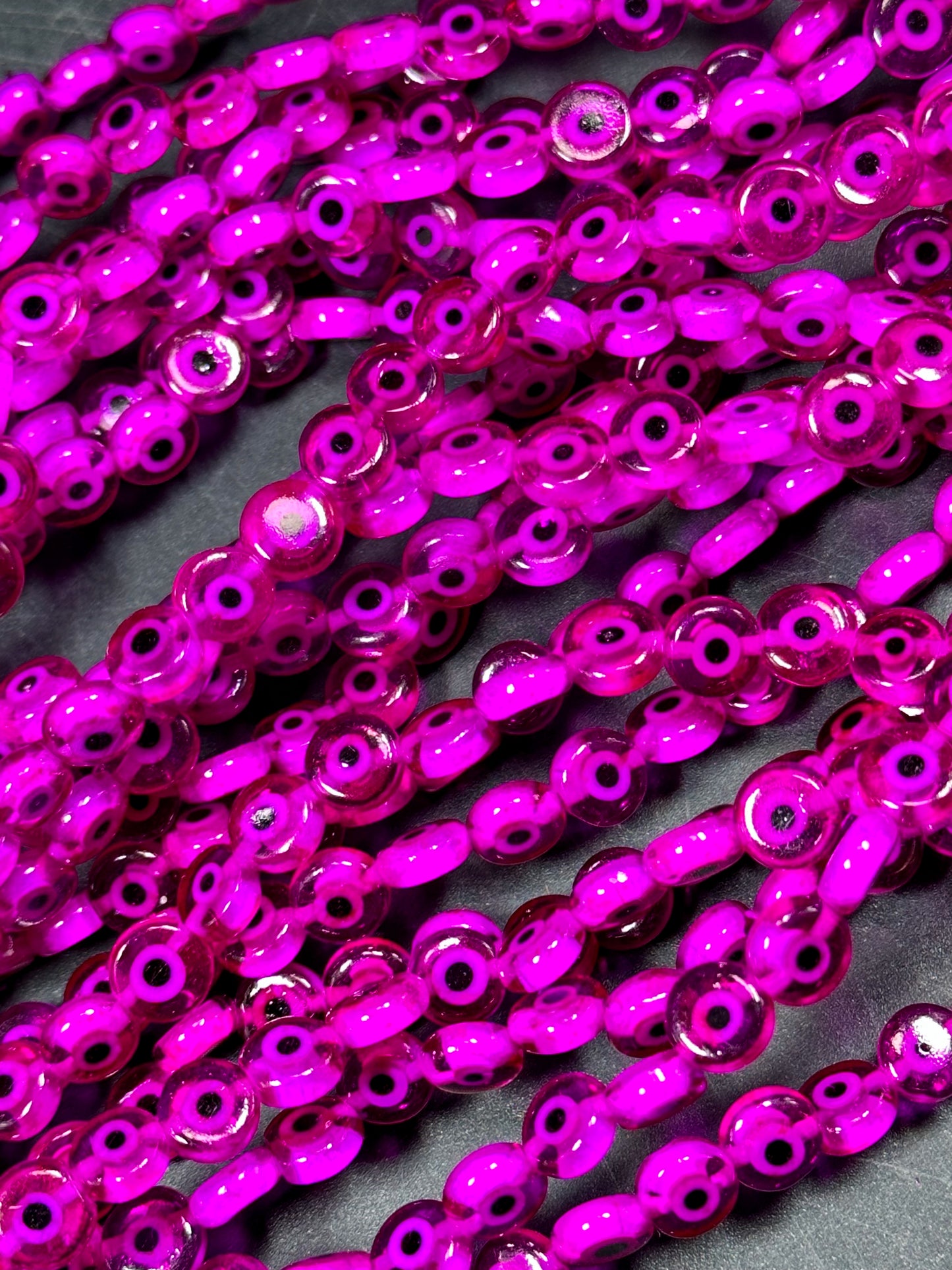 Beautiful Evil Eye Glass Beads 6mm 8mm Flat Coin Shape, Beautiful Hot Pink Magenta Color Evil Eye Beads, Religious Amulet Prayer Beads