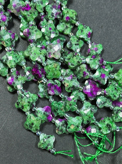 Natural Ruby Zoisite Gemstone Bead Faceted 12mm Clover Flower Shape Bead, Gorgeous Natural Green Ruby Color Ruby Zoisite Beads 15.5" Strand