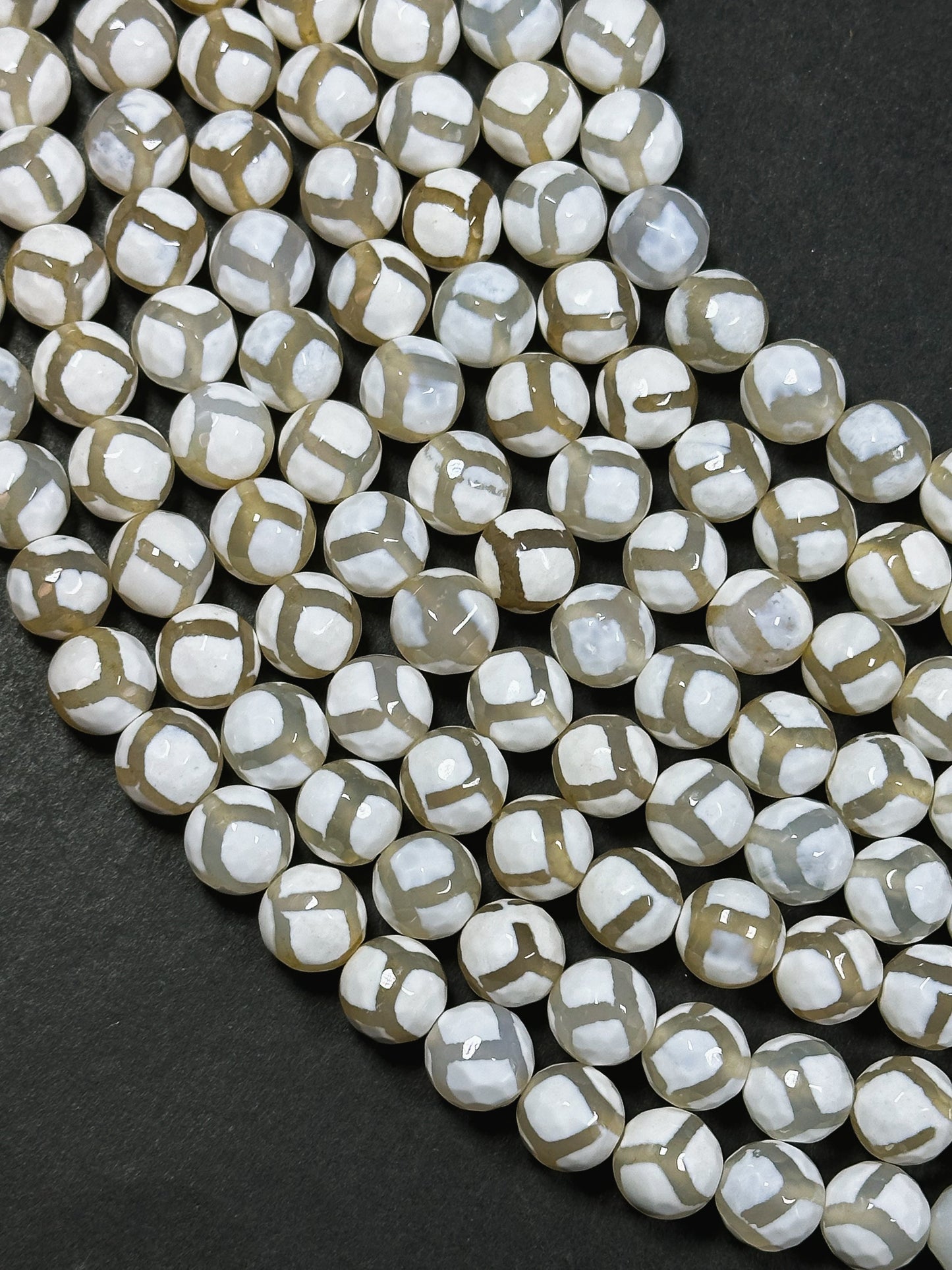 Natural White Hand Painted Tibetan Agate Gemstone Bead Faceted 6mm 8mm 10mm 12mm Round Beads, White Soccer Ball Design Full Strand 15.5"