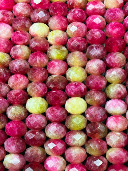 Natural Watermelon Tourmaline Quartz Gemstone Bead Faceted 10x7mm Rondelle Shape, Beautiful Red Pink Green Color Stone Bead, 15.5" Strand