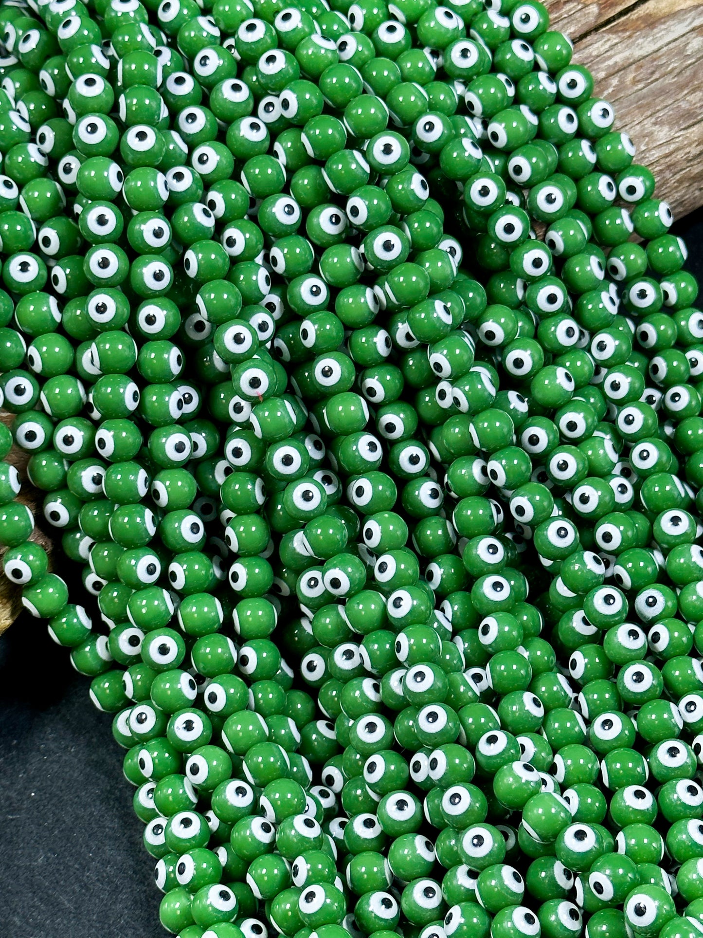 Beautiful Green Evil Eye Glass Beads 6mm 8mm Round Beads, Beautiful Green Evil Eye Amulet Glass Beads, Full Strand Evil Eye Glass Beads