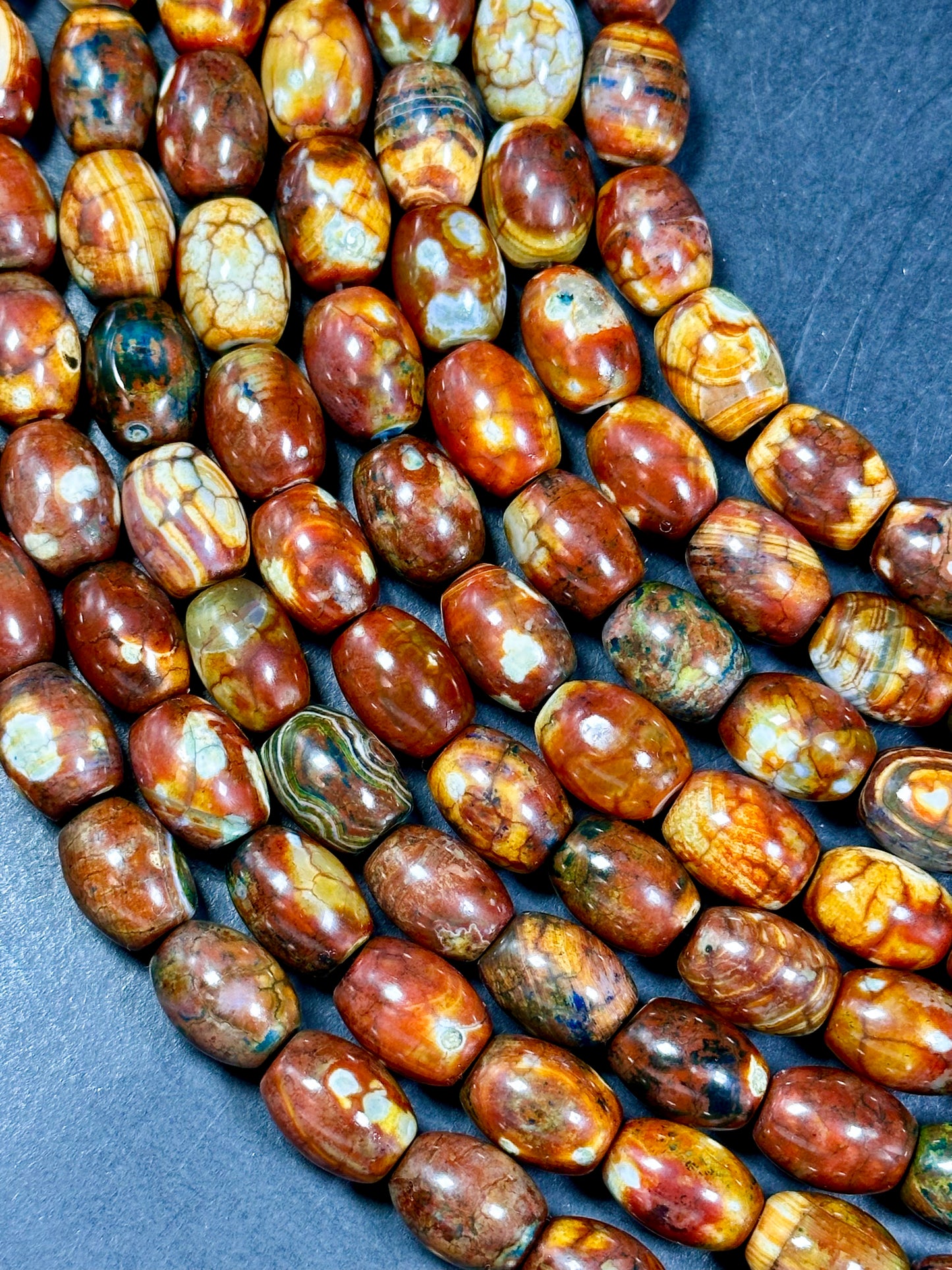 AAA NATURAL Tibetan Gemstone Bead 13x10mm Barrel Shape Bead, Gorgeous Multicolor Brown Orange Blue Color Tibetan Stone Beads Full Strand