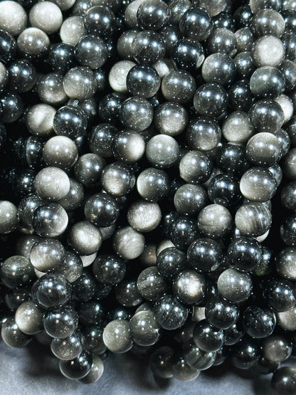 AAA Natural Silver Obsidian Gemstone Bead 6mm 8mm 10mm 12mm Round Bead, Gorgeous Black Silver Sheen Obsidian Beads, Excellent Quality Full Strand 15.5"