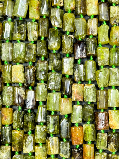 Natural Green Garnet Gemstone Bead Faceted 12x7mm Tube Shape, Beautiful Natural Green Brown Color Garnet Gemstone Bead Great Quality 15.5"