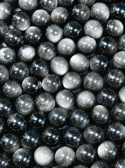 AAA Natural Silver Obsidian Gemstone Bead 6mm 8mm 10mm 12mm Round Bead, Gorgeous Black Silver Sheen Obsidian Beads, Excellent Quality Full Strand 15.5"