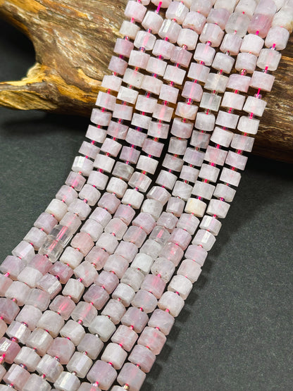 Natural Rose Quartz Gemstone Bead Faceted 8x6mm Pinwheel Cylinder Shape Bead, Beautiful Natural Pink Color Rose Quartz Gemstone Beads 15.5"