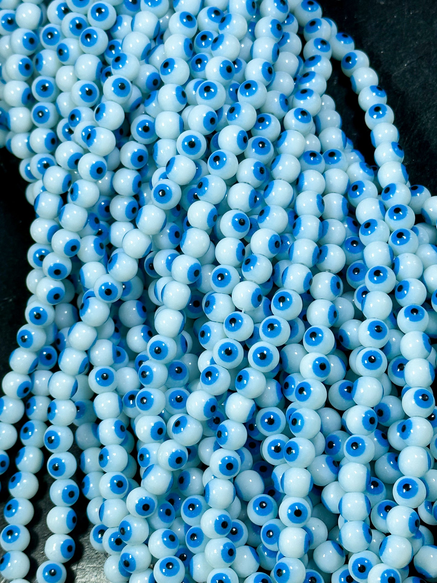 Beautiful Evil Eye Glass Beads 8mm Round Beads, Beautiful White with Blue Eyes Evil Eye Amulet Glass Beads, Full Strand Glass Beads