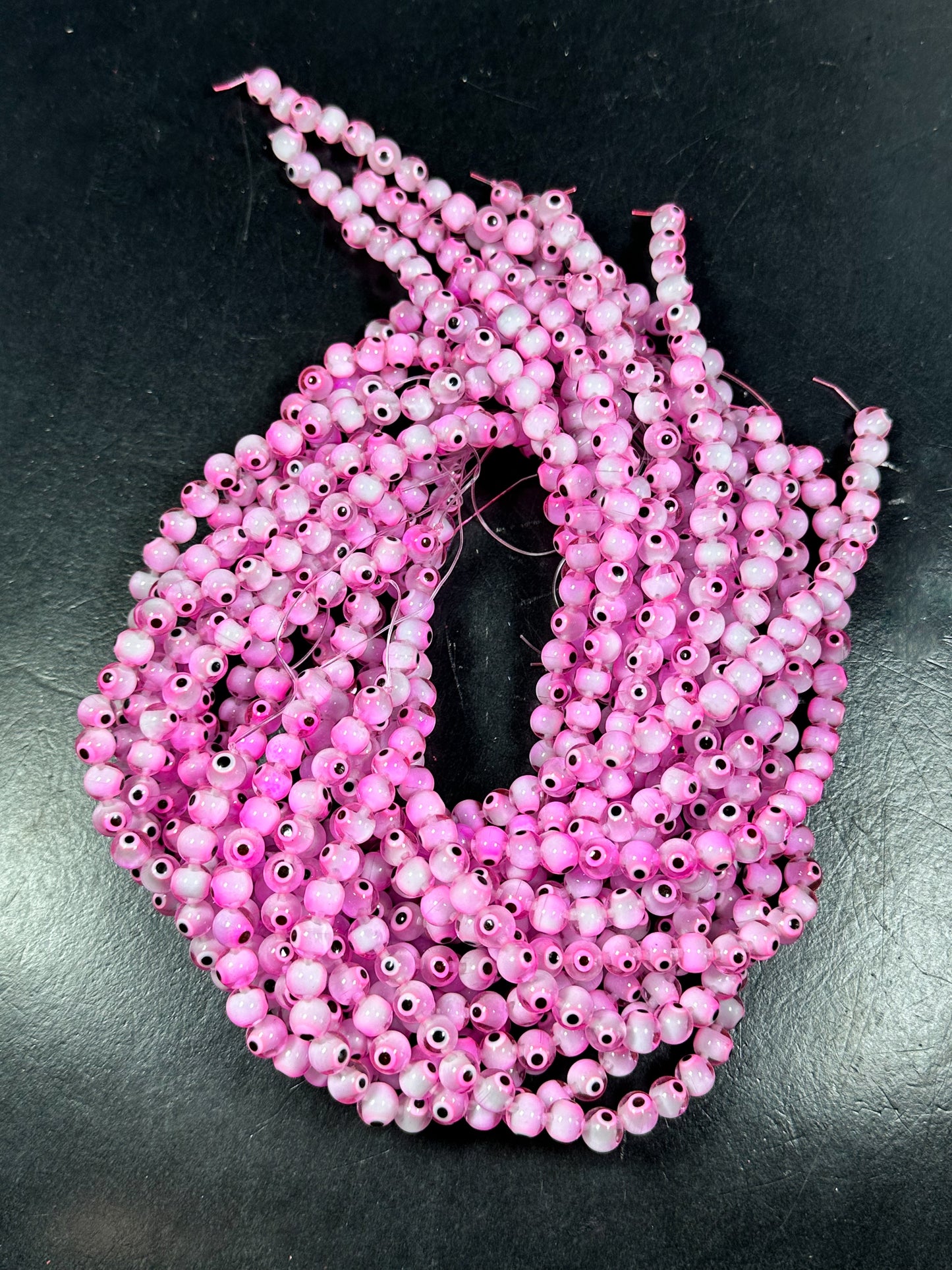 Beautiful Pink Evil Eye Glass Beads 4mm 6mm 8mm Round Beads, Beautiful Pink Clear Evil Eye Amulet Glass Beads, Full Strand Glass Beads