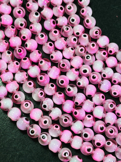 Beautiful Pink Evil Eye Glass Beads 4mm 6mm 8mm Round Beads, Beautiful Pink Clear Evil Eye Amulet Glass Beads, Full Strand Glass Beads