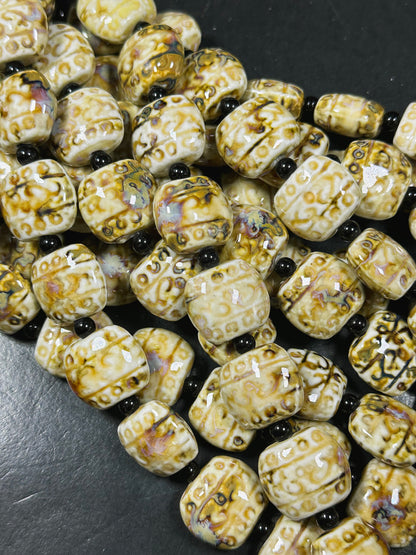 Beautiful Hand Painted Porcelain Beads, 22x20mm Unique Hand Painted Beige Porcelain Square Shape Beads, Gorgeous Beige Porcelain Beads 8"