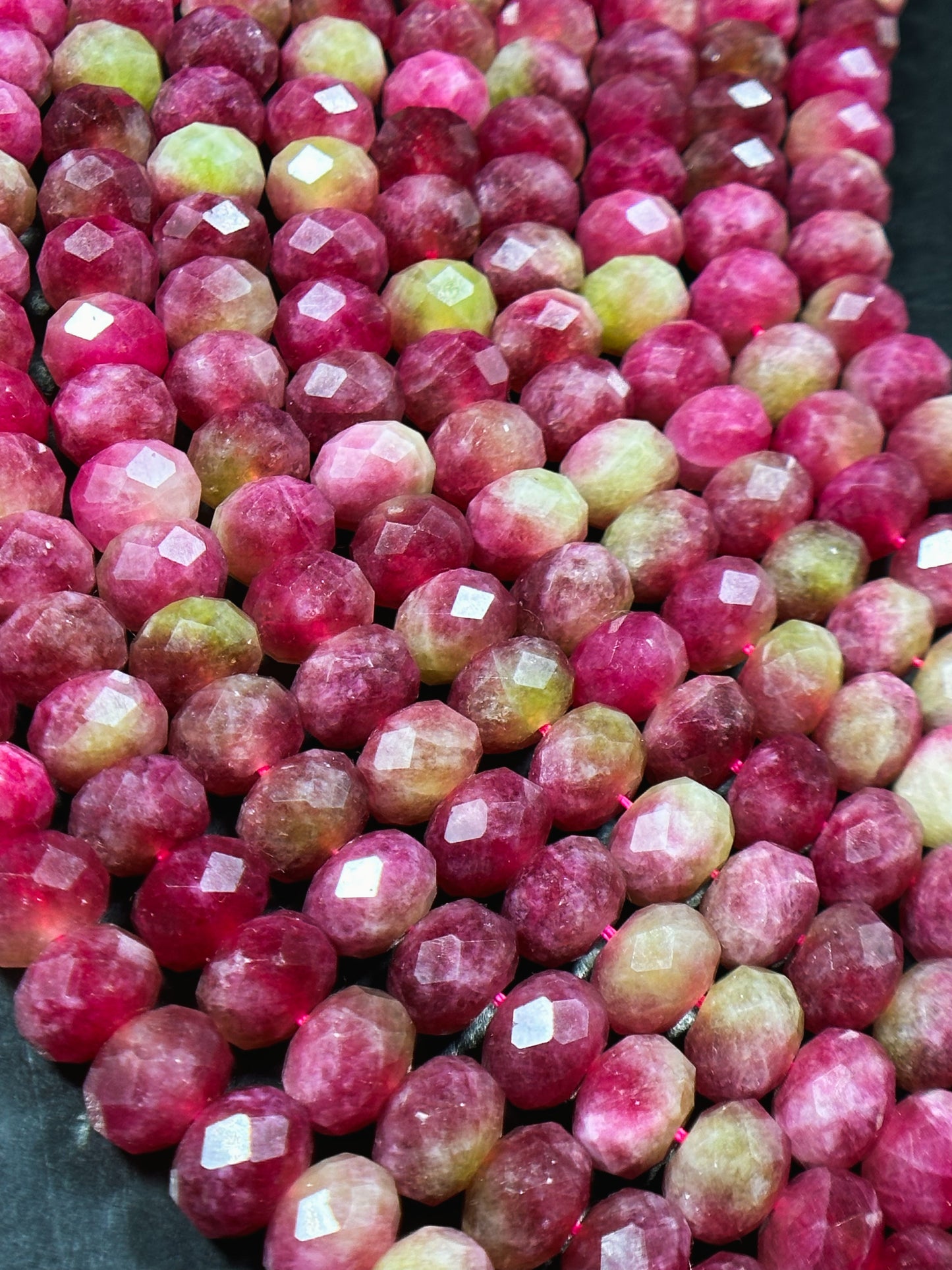 Natural Watermelon Tourmaline Quartz Gemstone Bead Faceted 10x7mm Rondelle Shape, Beautiful Red Pink Green Color Stone Bead, 15.5" Strand