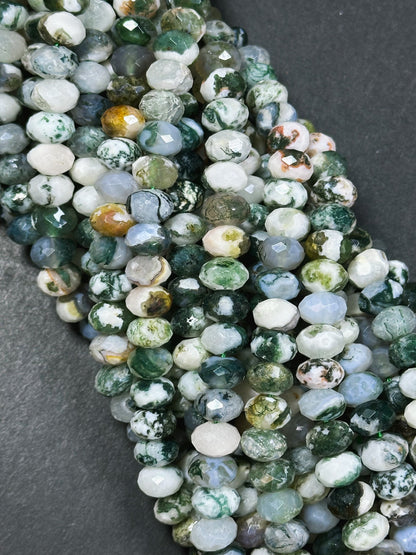 Natural Green Moss Agate Gemstone Bead Faceted Rondelle Shape Beads, Gorgeous Natural White Green Color Moss Agate Beads Full Strand 15.5"