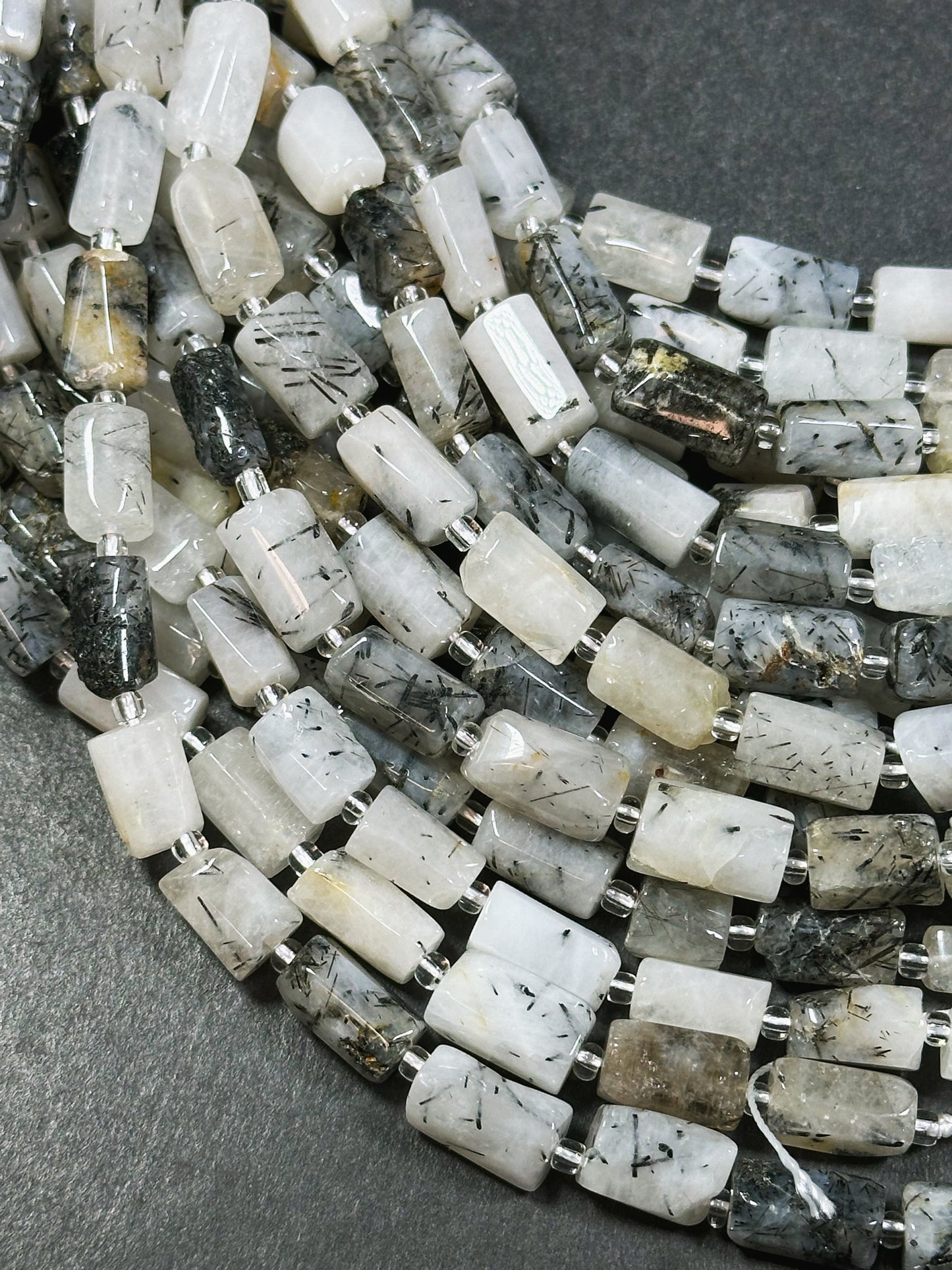 Natural Rutilated Quartz Gemstone Bead Faceted 12x8mm Tube Shape Bead, Beautiful Natural White Black Rutilated Quartz Bead Full Strand 15.5"