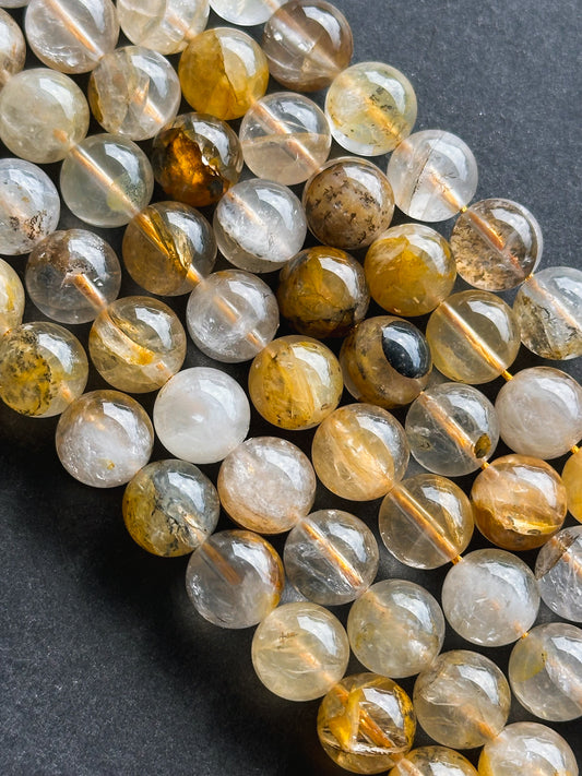 Natural Golden Healer Quartz Gemstone Bead 6mm 8mm 10mm Round Bead, Gorgeous Natural Golden Yellow Brown Clear Healer Rutilated Quartz 15.5"