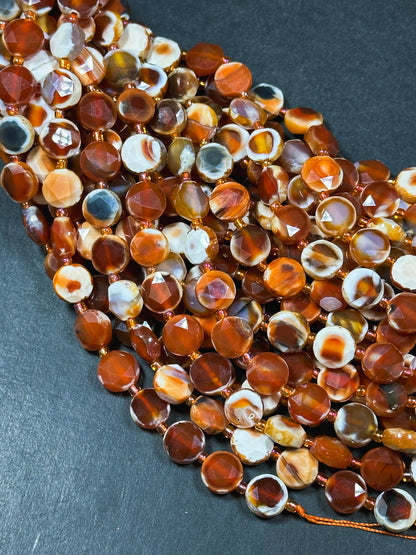 Natural Red Carnelian with Orca Agate Gemstone Bead Faceted 10mm Coin Shape Beads, Beautiful Natural Red Orange Color Carnelian Beads 15.5"