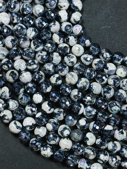 Mystic Natural Tibetan Agate Gemstone Bead Faceted 8mm 10mm Round Beads, Beautiful Mystic White Black Agate Stone Beads, Full Strand 15.5"