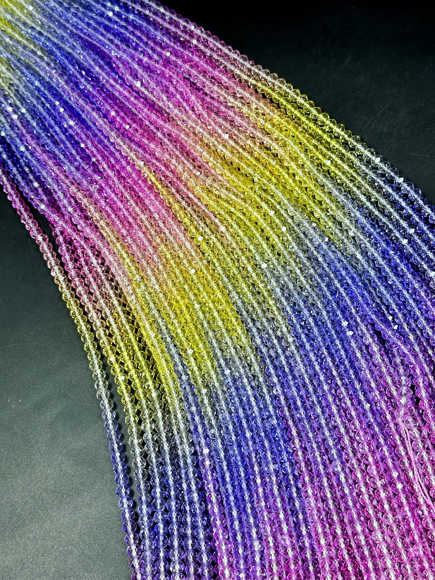 Gorgeous Multicolor Crystal Beads, Faceted 4mm 6mm 8mm Rondelle Shape, Beautiful Yellow Purple Pink Color Crystal Beads Full Strand 14.4"