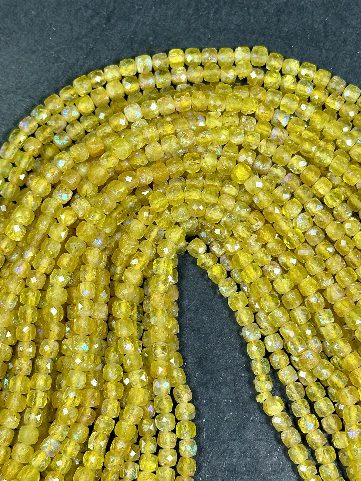 Mystic Natural Yellow Apatite Gemstone Bead Faceted 4mm Cube Shape Bead, Beautiful Yellow Color Loose Mystic Apatite Beads Full Strand 15.5"