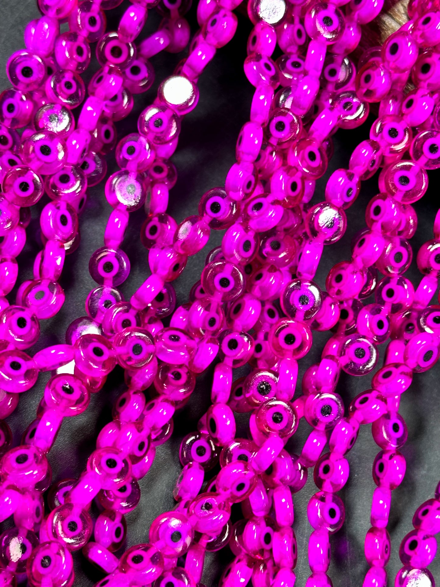 Beautiful Evil Eye Glass Beads 6mm 8mm Flat Coin Shape, Beautiful Hot Pink Magenta Color Evil Eye Beads, Religious Amulet Prayer Beads