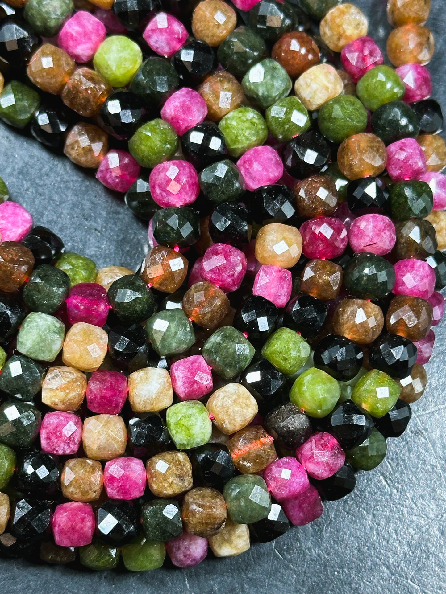 Natural Tourmaline Gemstone Bead Faceted 5mm 7mm Cube Shape, Beautiful Multicolor Black Pink Green Brown Tourmaline Bead, Full 15.5" Strand