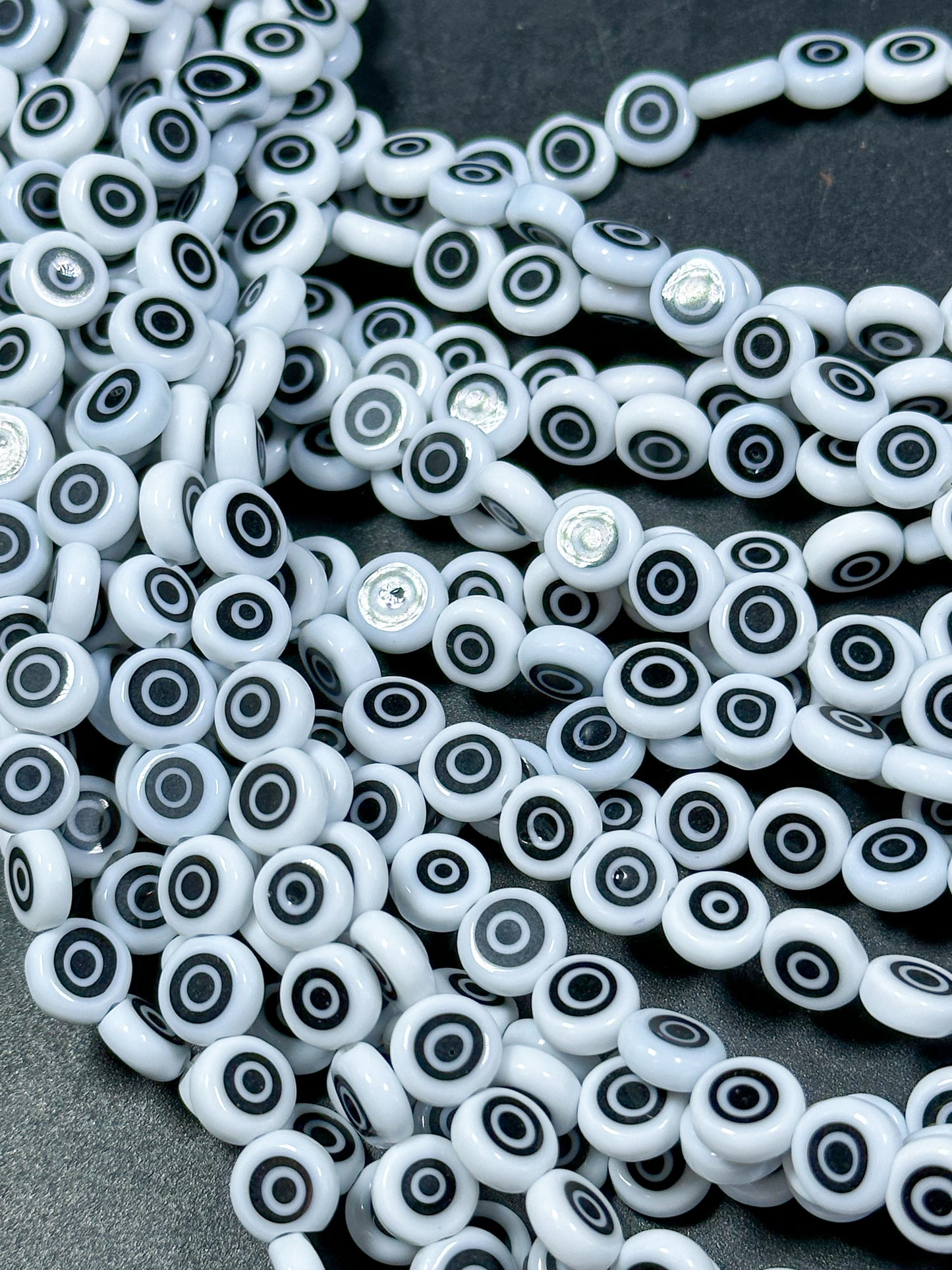 Beautiful Evil Eye Glass Beads 6mm 8mm Flat Coin Shape, Beautiful White with Black Eyes Evil Eye Glass Beads, Religious Amulet Prayer Beads