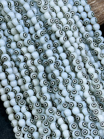 Beautiful White Evil Eye Glass Beads 6mm 8mm Round Beads, Beautiful White Black Evil Eye Amulet Glass Beads, Full Strand Glass Beads