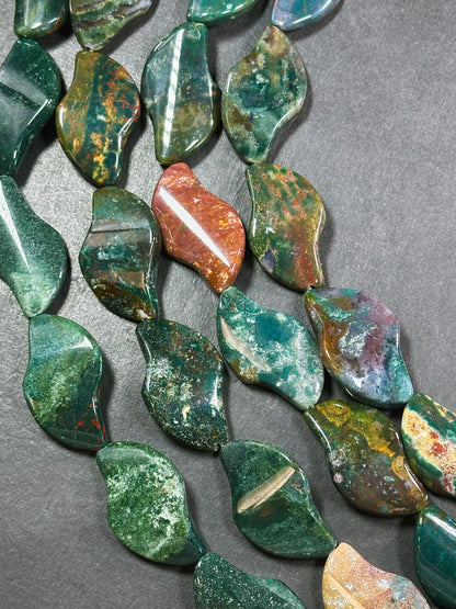 Natural Bloodstone Gemstone Bead 37x22mm Wave Shape, Beautiful Natural Dark Green Multicolor Bloodstone Gemstone Beads, Full Strand 15.5"