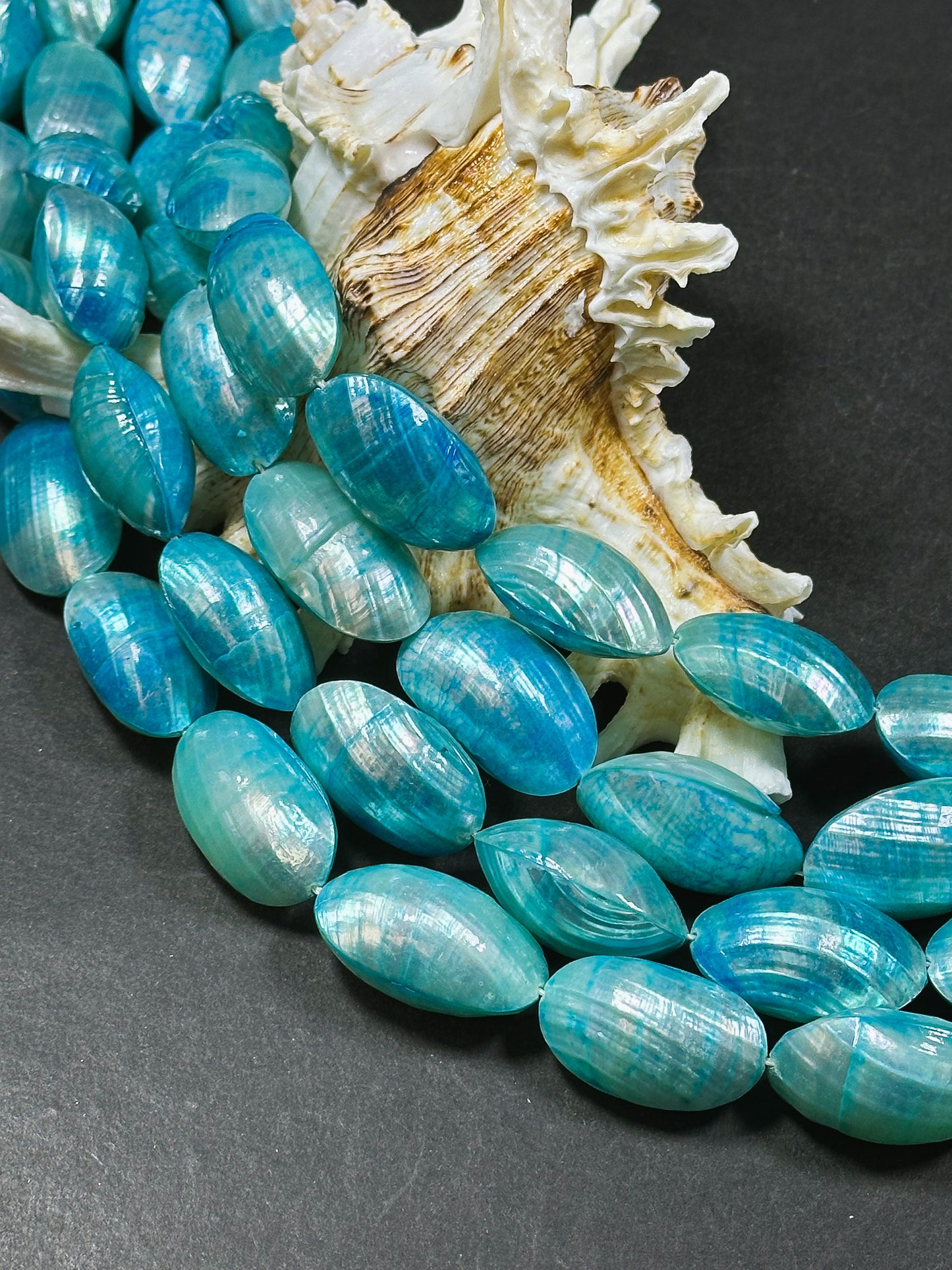 Natural Blue Sea Shell Beads, Natural 24x12mm Sea Shell Oval Shape Beads, Gorgeous Aqua Sea Blue Color Sea Shell Beads, 15.5" Strand