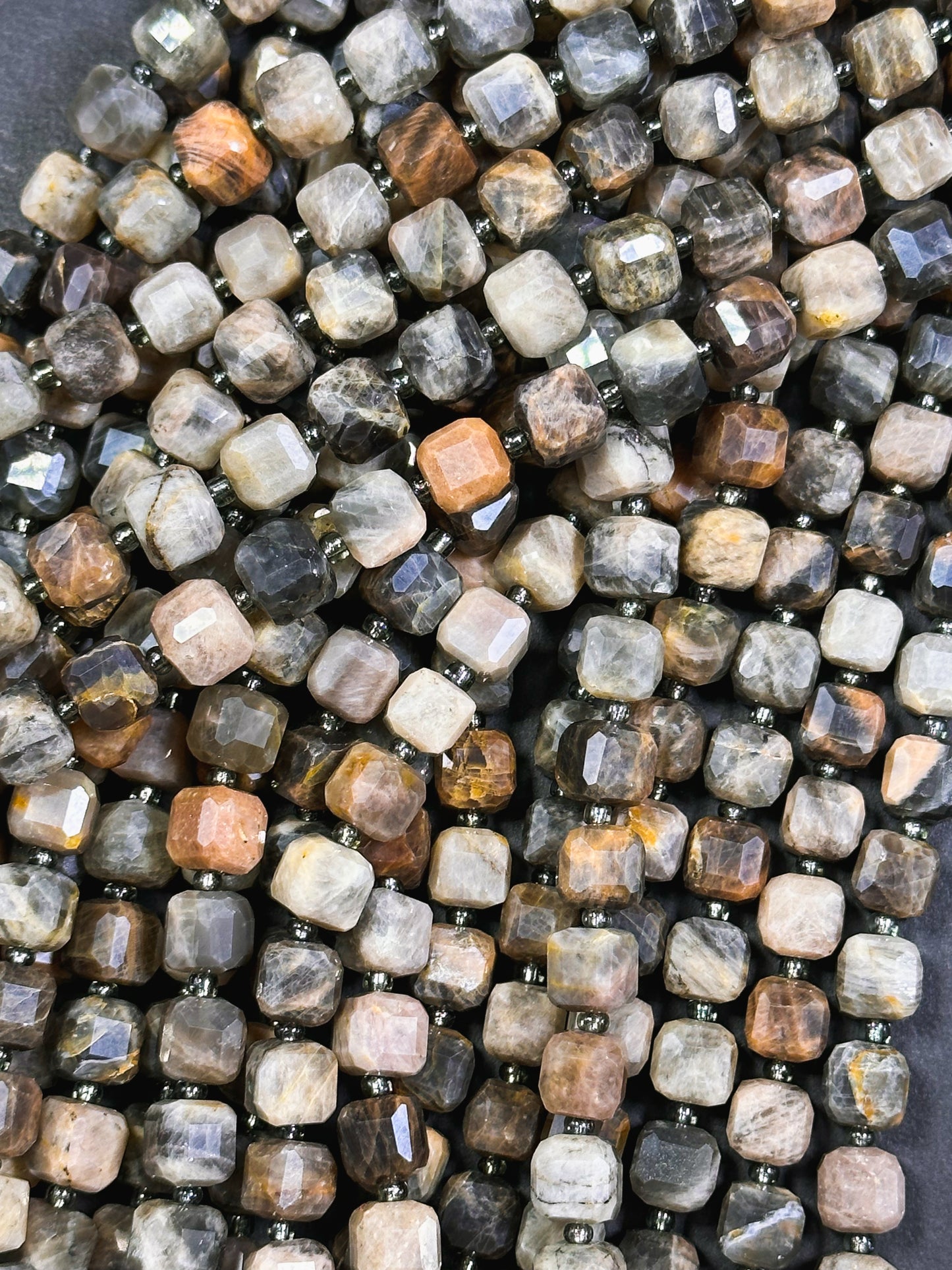 AAA Natural Black Moonstone Gemstone Bead, Faceted 8mm Cube Shape, Beautiful Black Brown Color Moonstone Beads Full Strand 15.5"