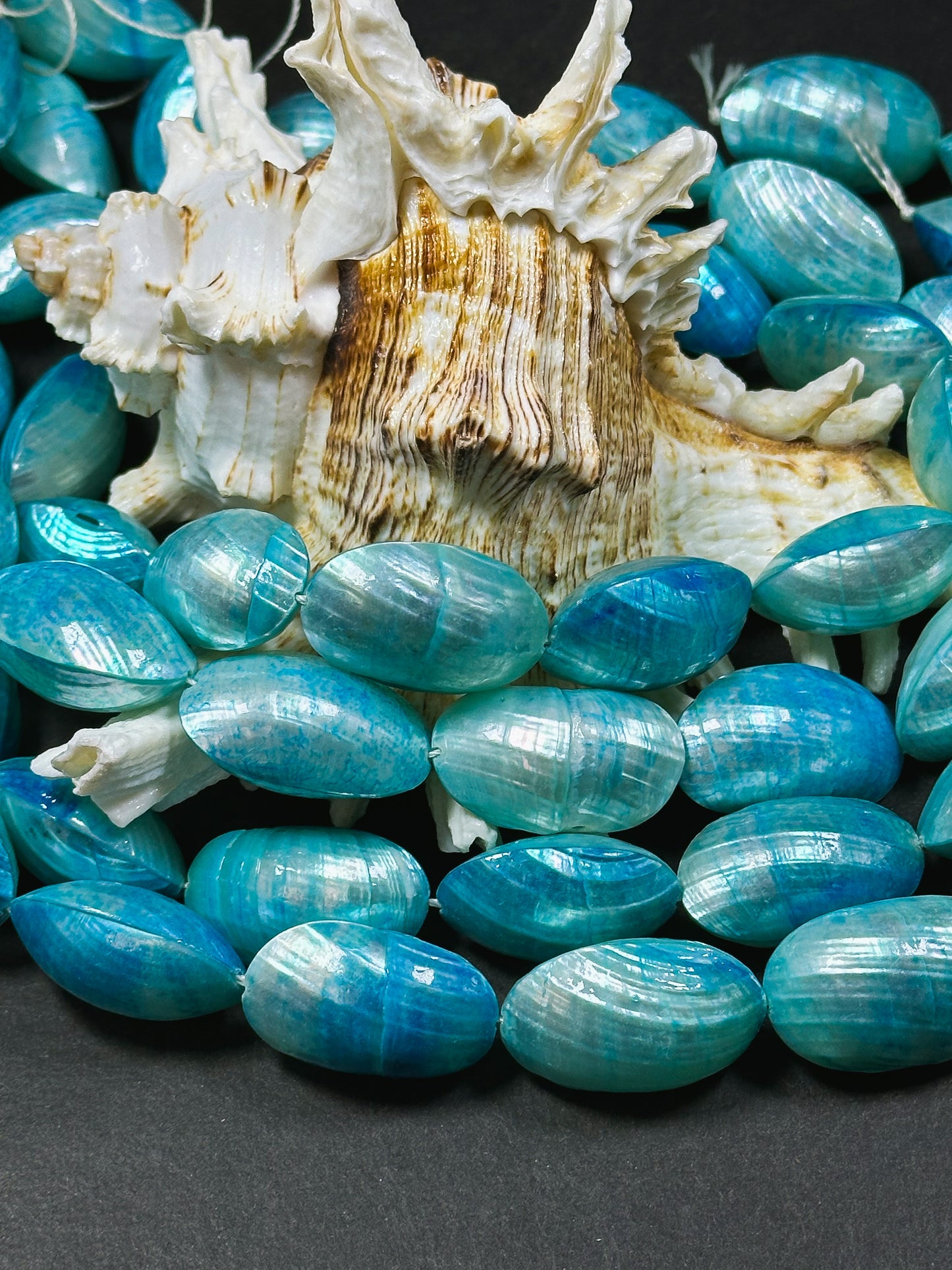 Natural Blue Sea Shell Beads, Natural 24x12mm Sea Shell Oval Shape Beads, Gorgeous Aqua Sea Blue Color Sea Shell Beads, 15.5" Strand