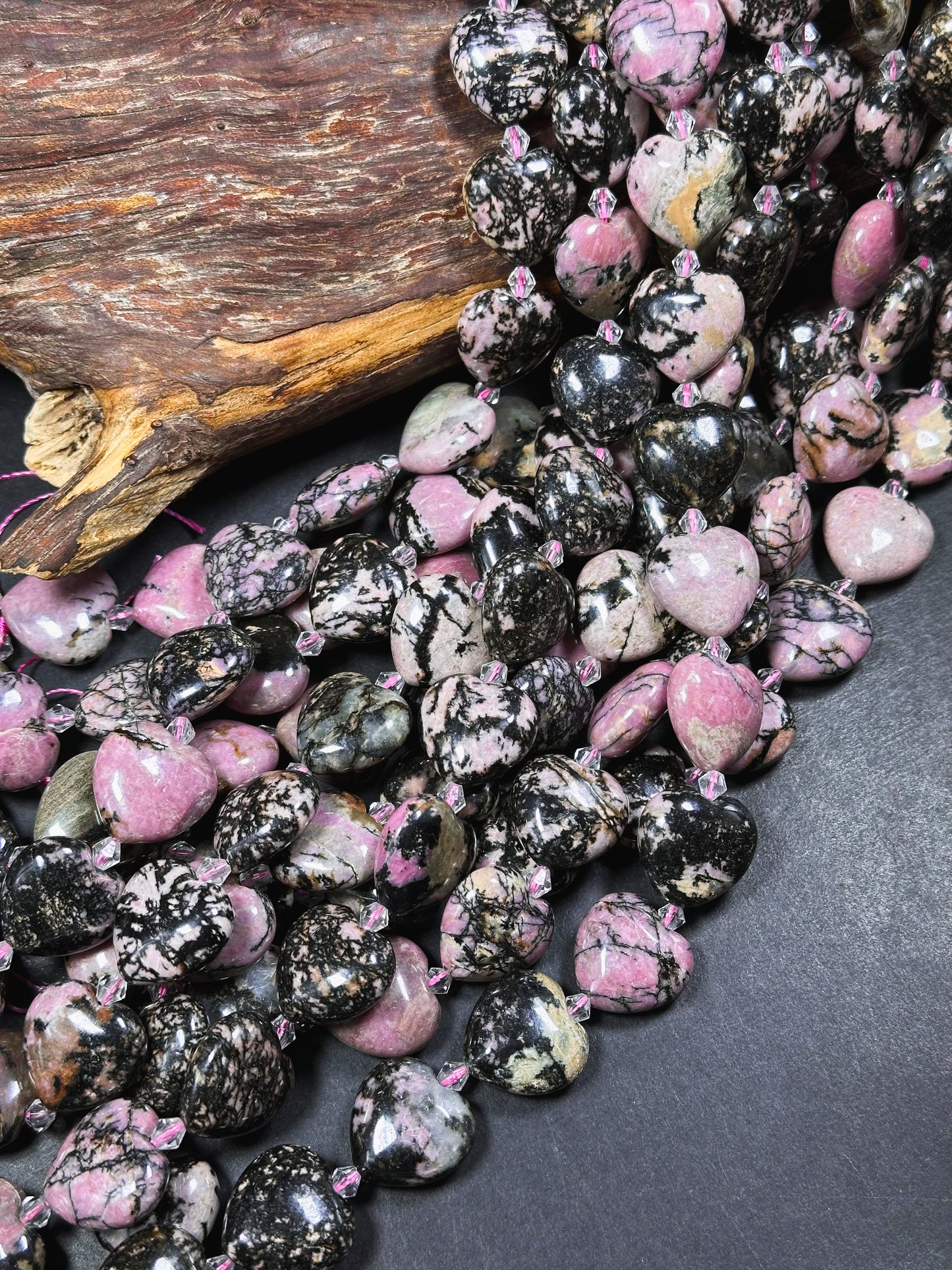 Natural Rhodonite Gemstone Bead 20mm Heart Shape Bead, Gorgeous Natural Pink Black Color Rhodonite Bead, Excellent Quality Full Strand 15.5"