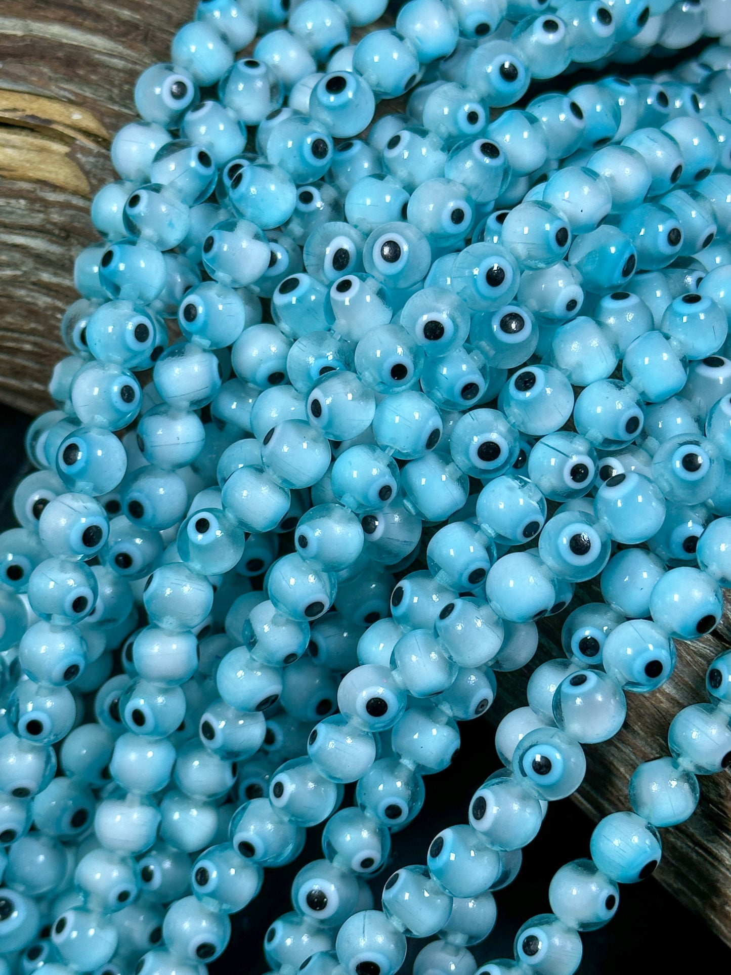 Beautiful Aqua Blue Evil Eye Glass Beads 8mm Round Beads, Beautiful Aqua Blue Clear Evil Eye Amulet Glass Beads, Full Strand Glass Beads