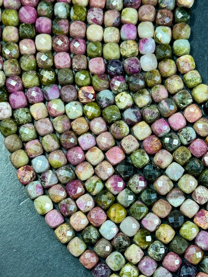 AA Natural Tourmaline Gemstone Beads Faceted 8mm Cube Shape, Beautiful Multicolor Tourmaline Gemstone Beads Full Strand 15.5"