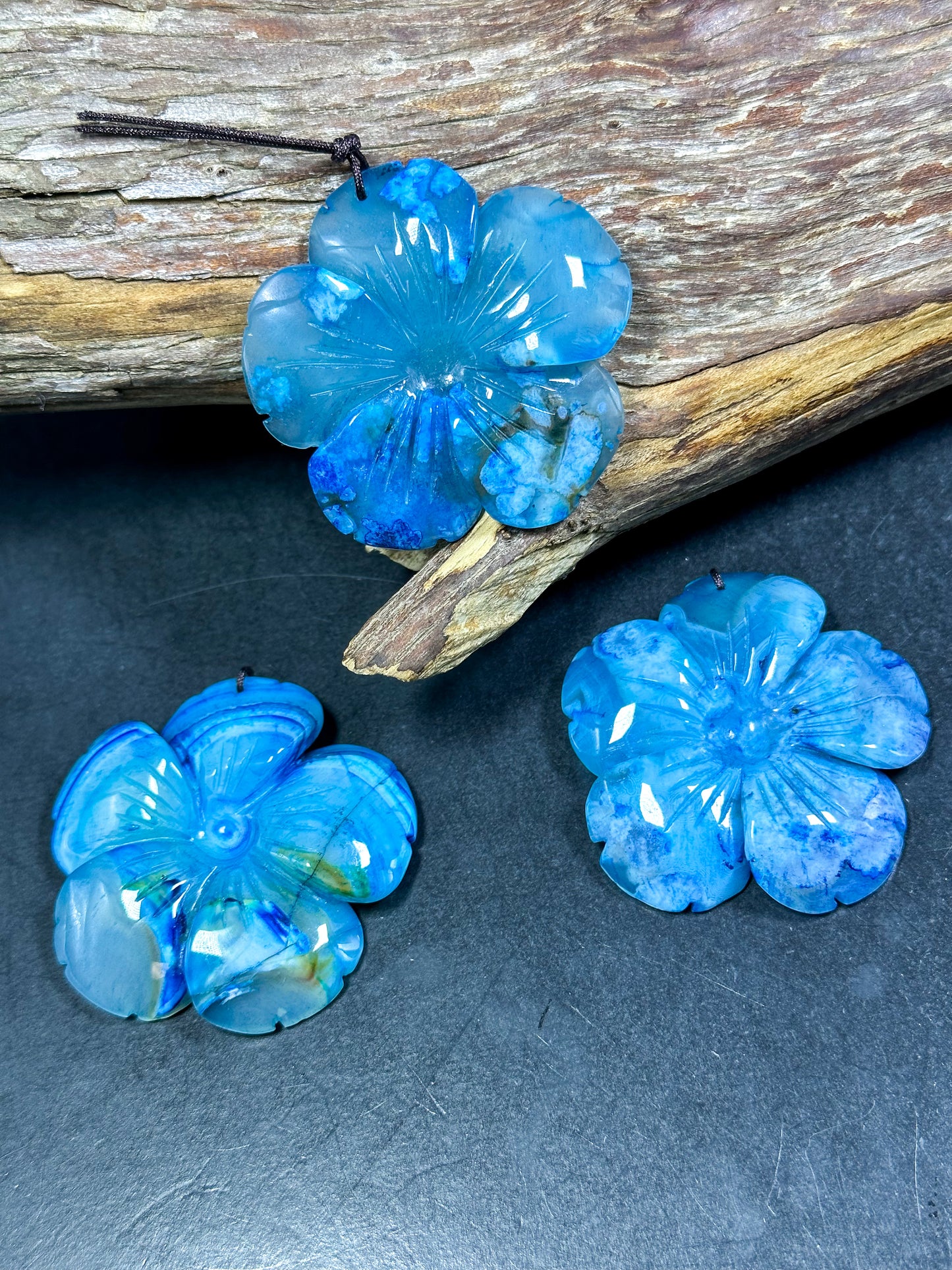 NATURAL Hand Carved Blue Cherry Blossom Flower Agate Gemstone Pendant 54mm Flower Shape, Gorgeous Blue Color Cherry Blossom Loose Pendant