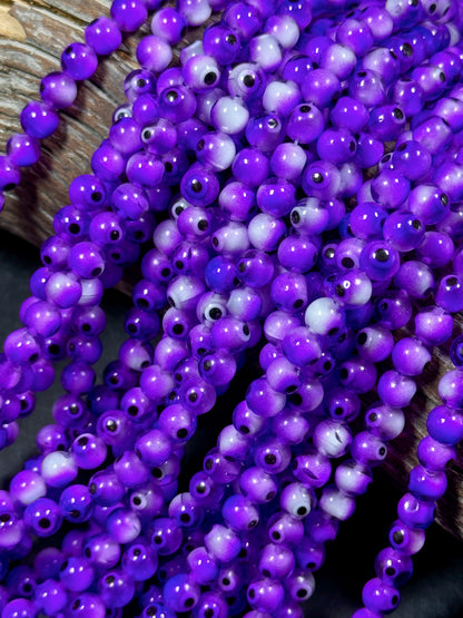 Beautiful Purple Evil Eye Glass Beads 6mm Round Beads, Beautiful Purple Clear Color Evil Eye Amulet Glass Beads, Full Strand Glass Beads