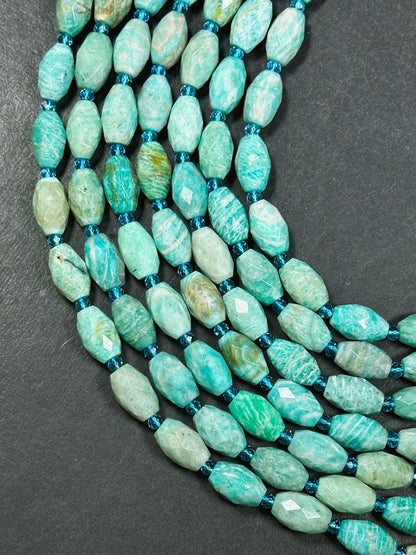 Natural Amazonite Gemstone Bead Faceted 15x10mm Barrel Shape, Gorgeous Natural Green Blue Color Amazonite Gemstone Bead Full Strand 15.5"