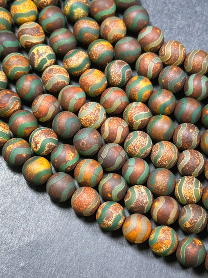 Natural Tibetan Agate Gemstone Bead 6mm 10mm 12mm Round Bead, Beautiful Brown Green Wave Design Tibetan Agate Gemstone Full Strand 15.5”