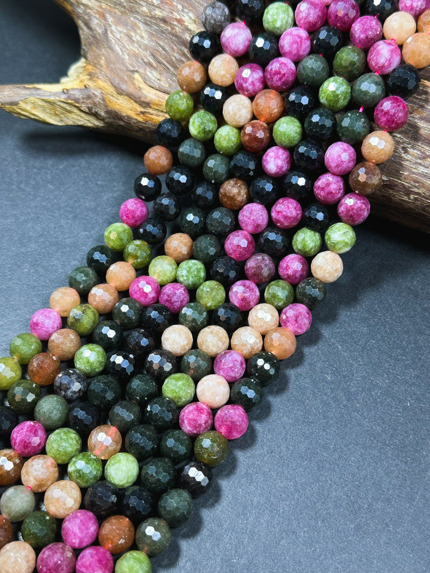 Natural Tourmaline Quartz Gemstone Bead Faceted 8mm 10mm Round Beads, Beautiful Multicolor Tourmaline Quartz Stone Beads, Full Strand 15.5"